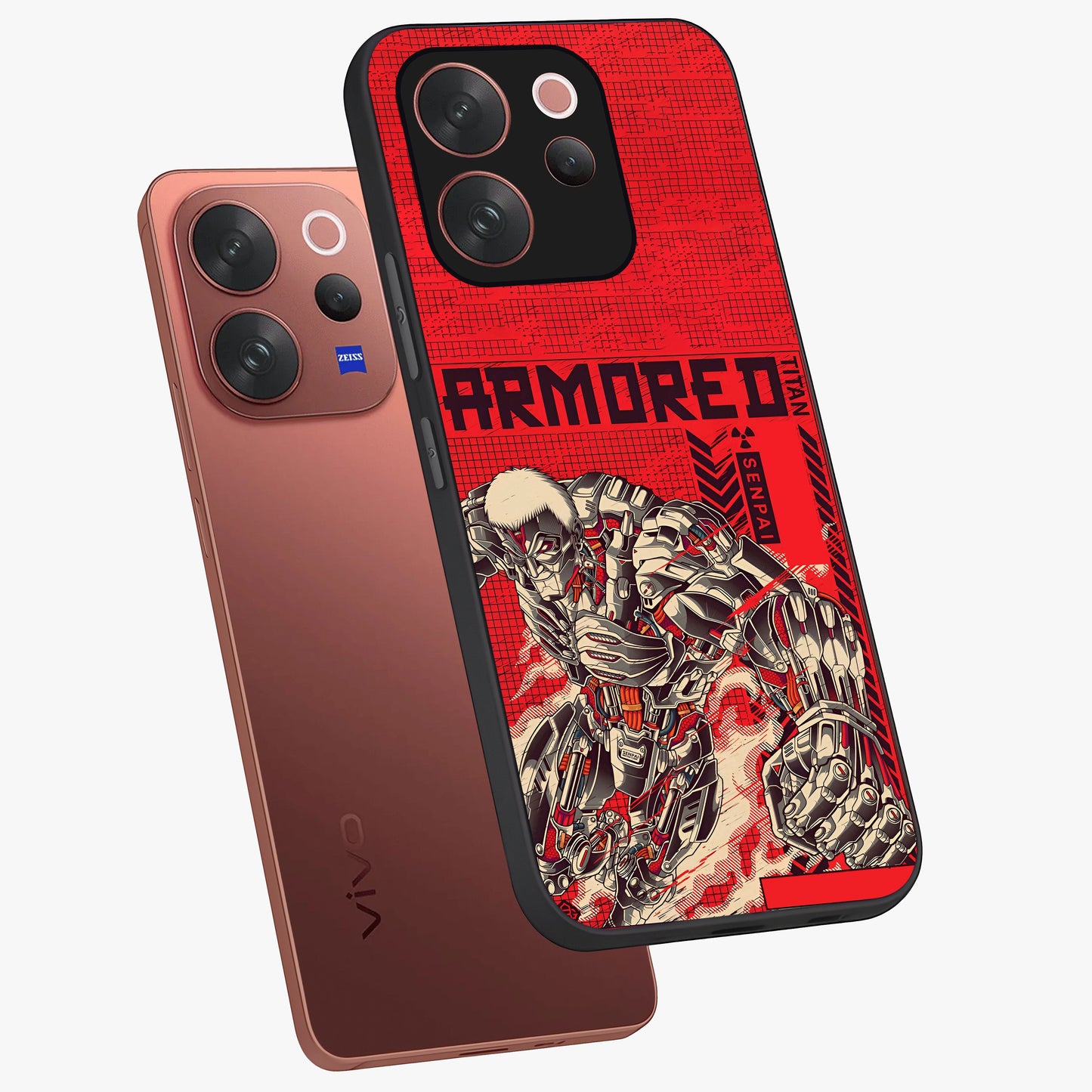 Crimson Mecha Titan Glass Case displayed in angled mockup highlighting futuristic mech illustration with bold crimson aesthetic.