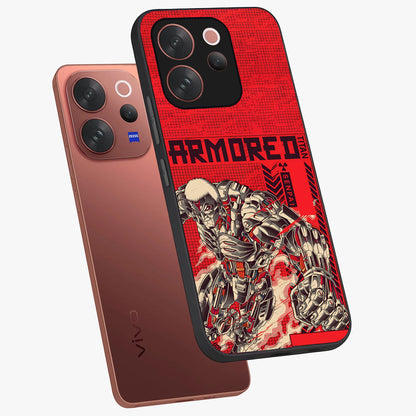 Crimson Mecha Titan Glass Case displayed in angled mockup highlighting futuristic mech illustration with bold crimson aesthetic.