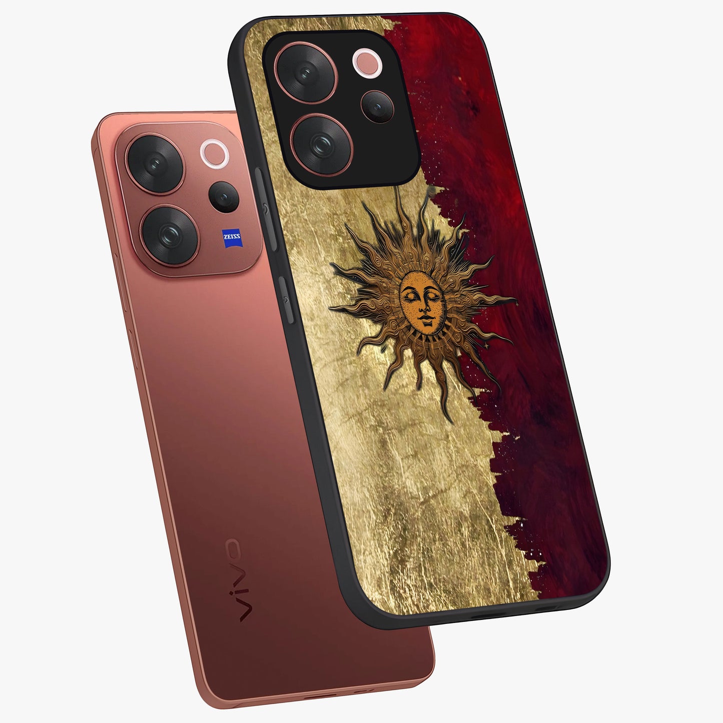 Crimson Sun Majesty Glass Case displayed in angled mockup highlighting majestic crimson sun design with bold aesthetic style.