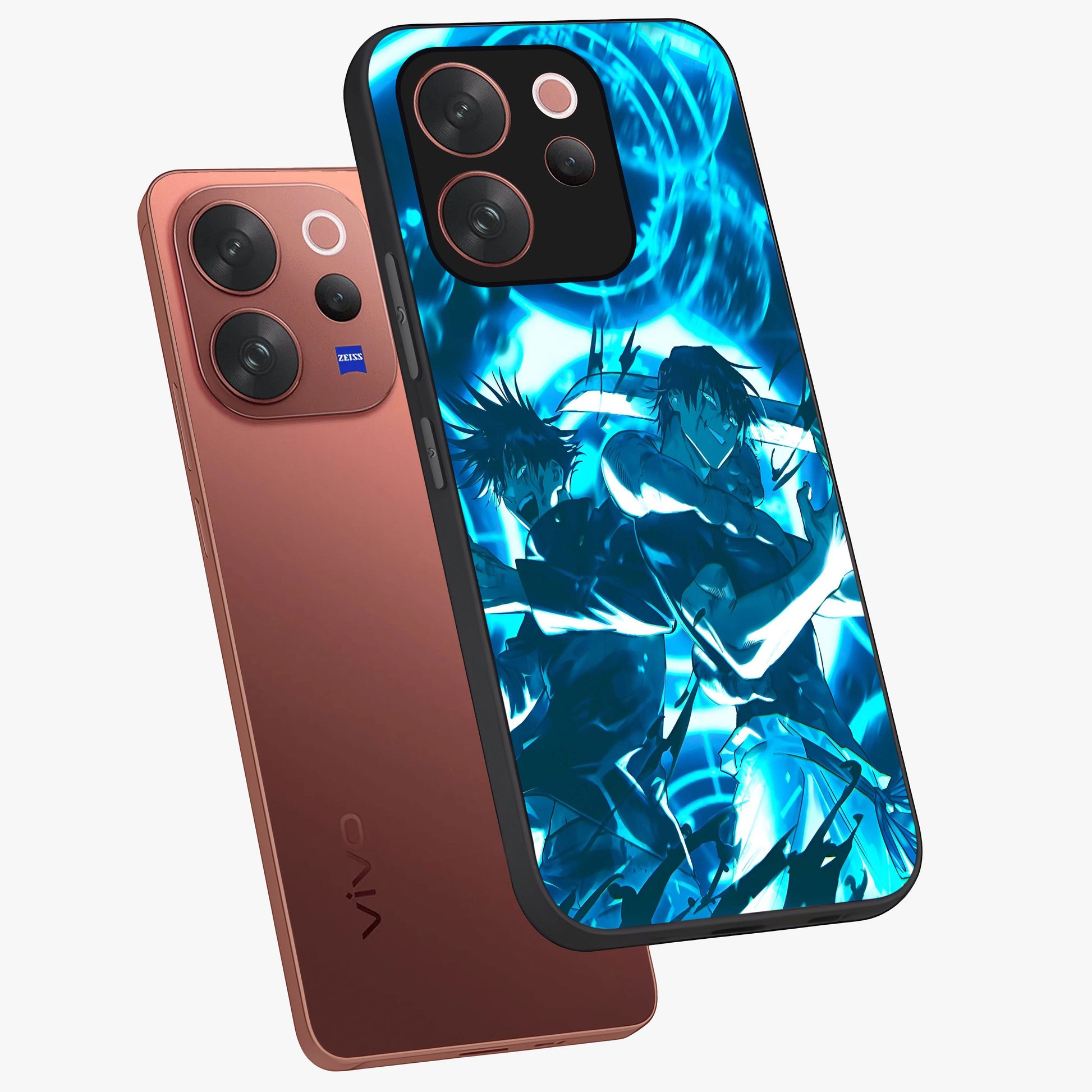 Cursed Energy Clash Glass Case displayed in angled mockup highlighting powerful battle inspired graphic with anime style aesthetic.