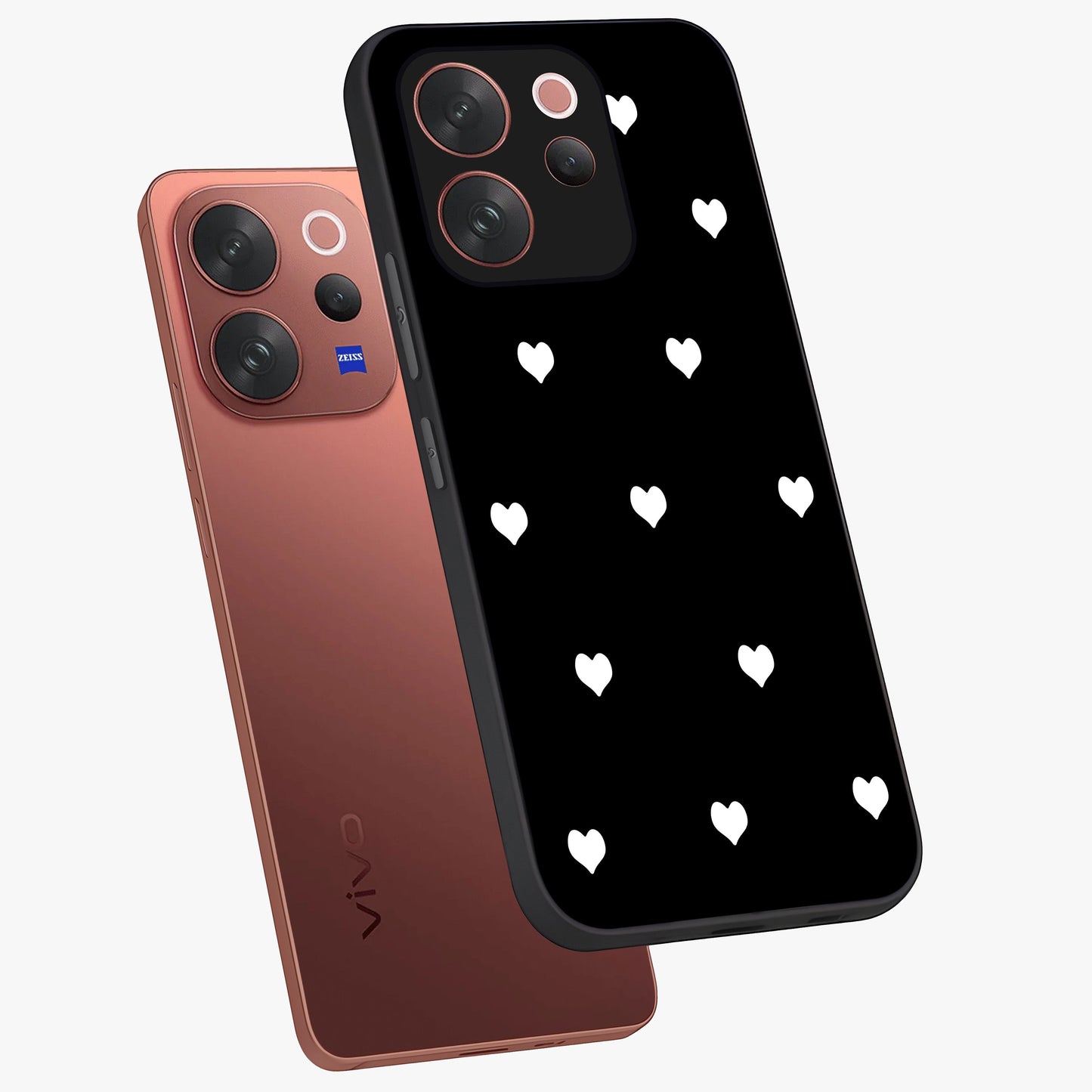 Cute And Simple White Hearts Glass Case displayed in angled mockup highlighting cute heart design with clean aesthetic style.
