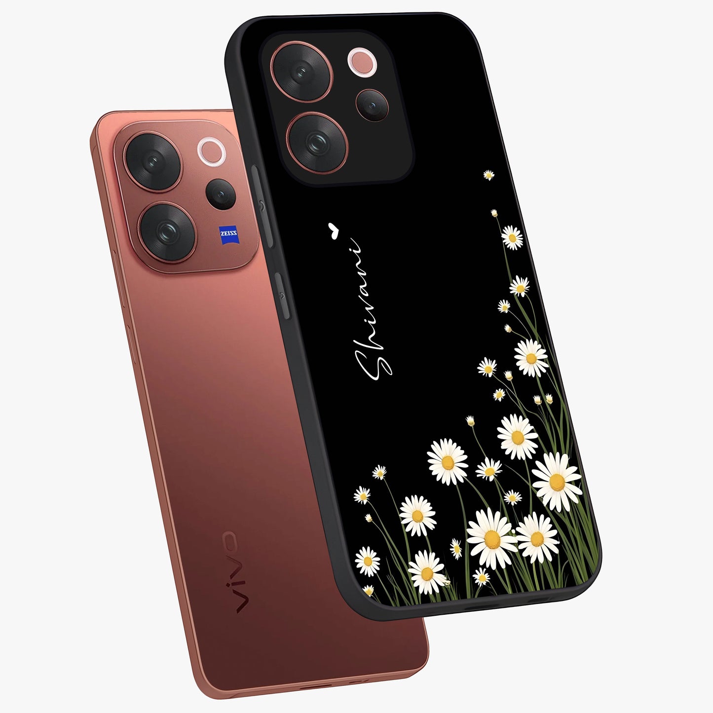 Daisy Cascade Custom Name Glass Case displayed in angled mockup highlighting delicate daisy artwork with custom name feature.