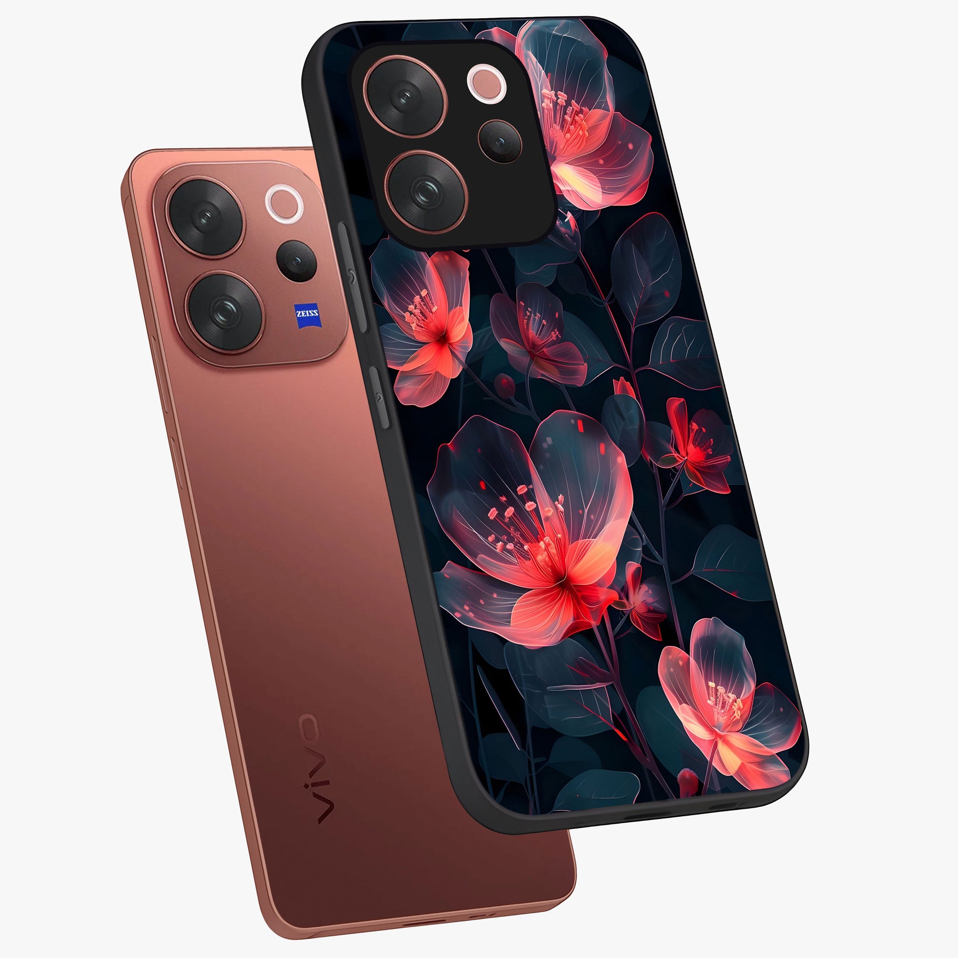 Dark Shade of Flower Glass Case displayed in angled mockup highlighting moody floral illustration with aesthetic dark tones.