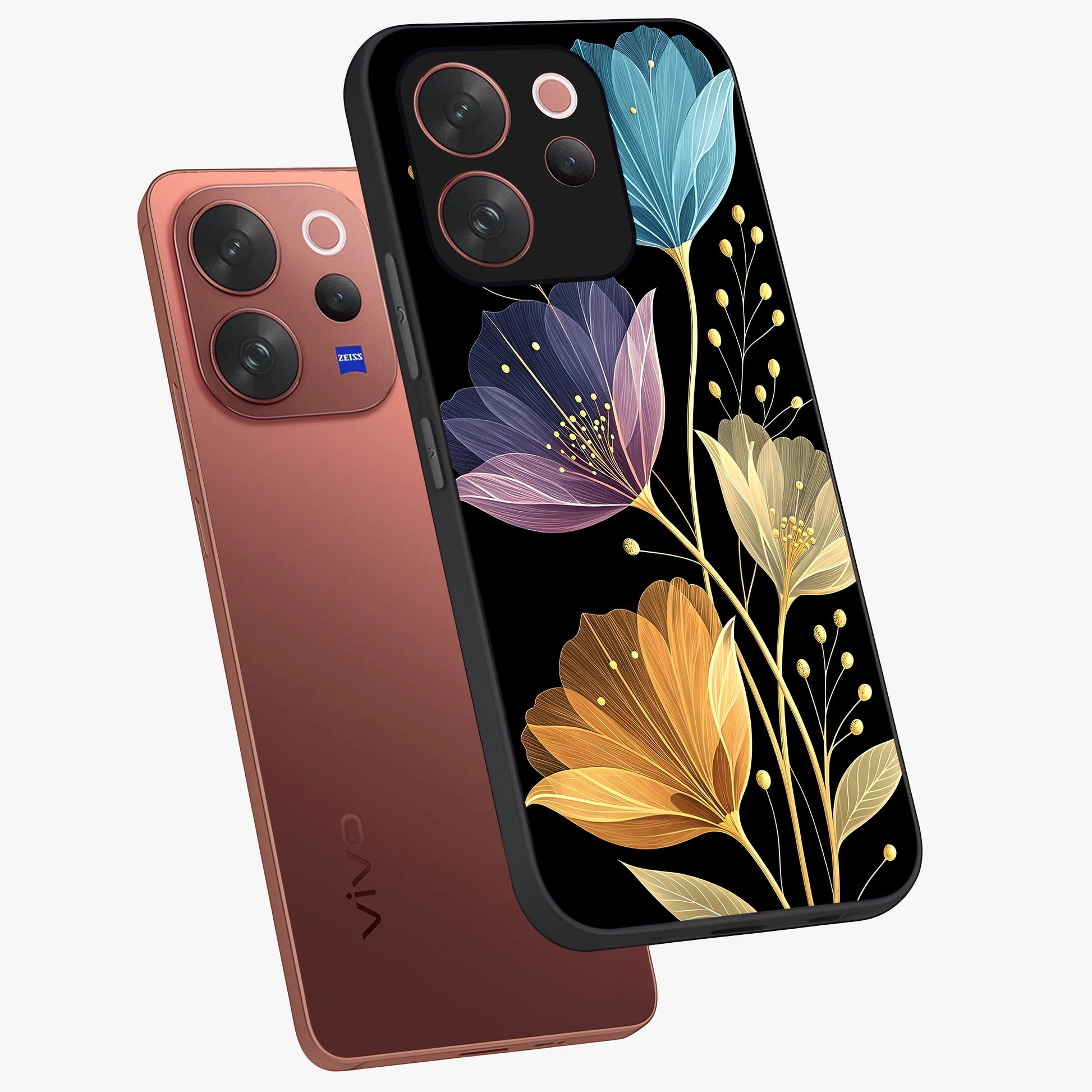 Delicate Multicolor Flowers Glass Case displayed in angled mockup highlighting colorful flower pattern with soft aesthetic style.