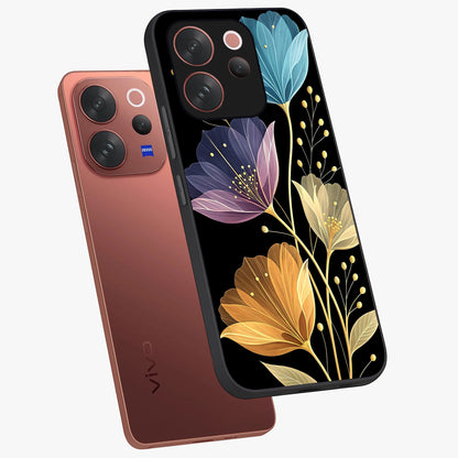 Delicate Multicolor Flowers Glass Case displayed in angled mockup highlighting colorful flower pattern with soft aesthetic style.