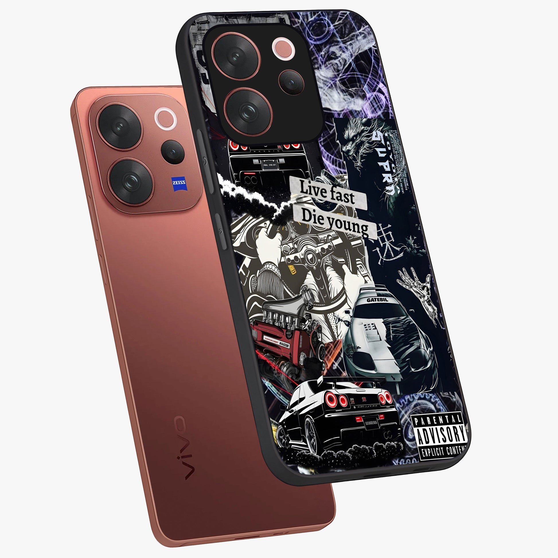 Die Young Glass Case displayed in angled mockup highlighting expressive graphic artwork with edgy aesthetic style.