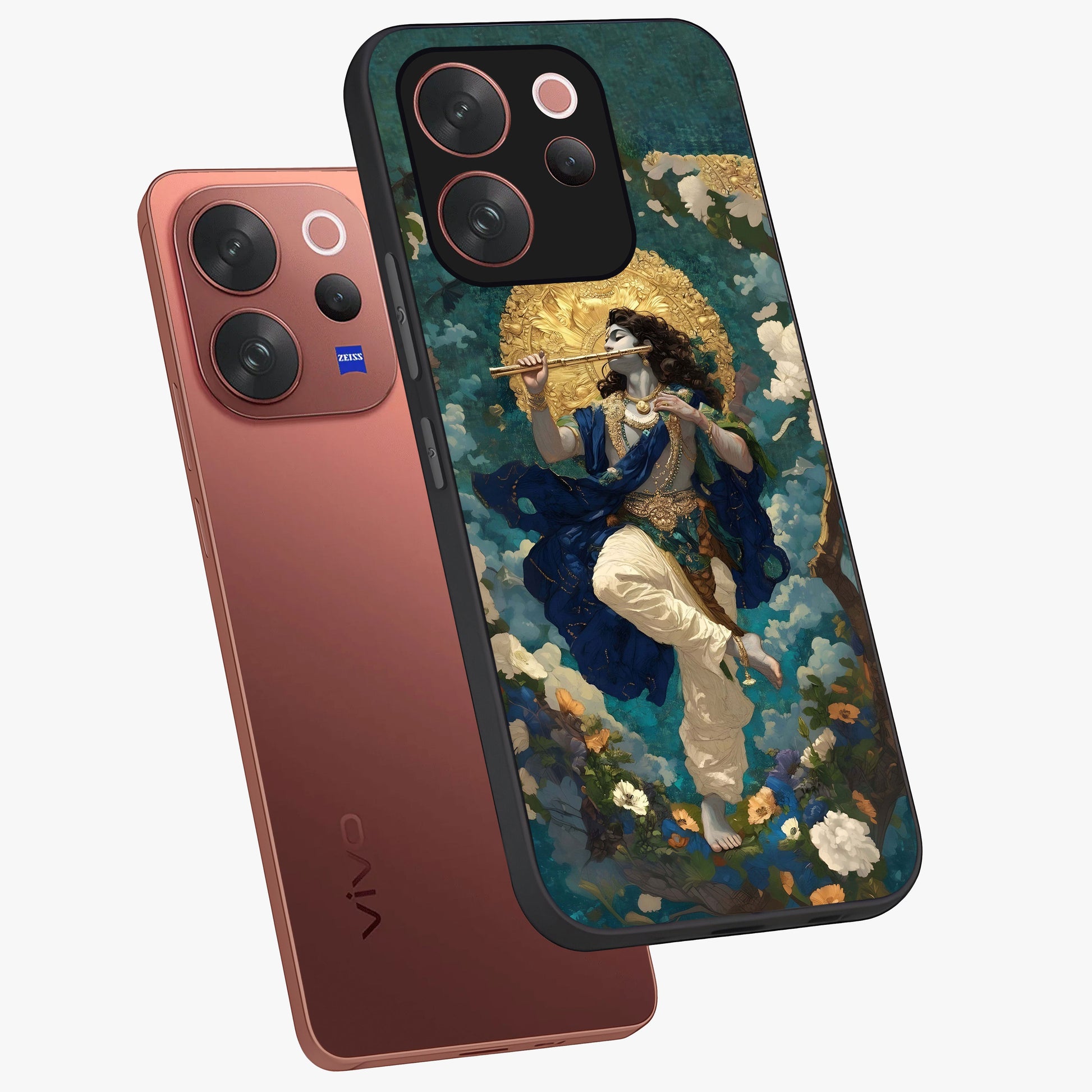 Divine Krishna Art Glass Case displayed in angled mockup highlighting spiritual Krishna illustration with devotional aesthetic.