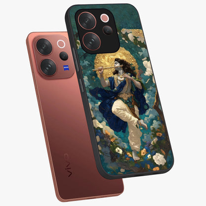 Divine Krishna Art Glass Case displayed in angled mockup highlighting spiritual Krishna illustration with devotional aesthetic.