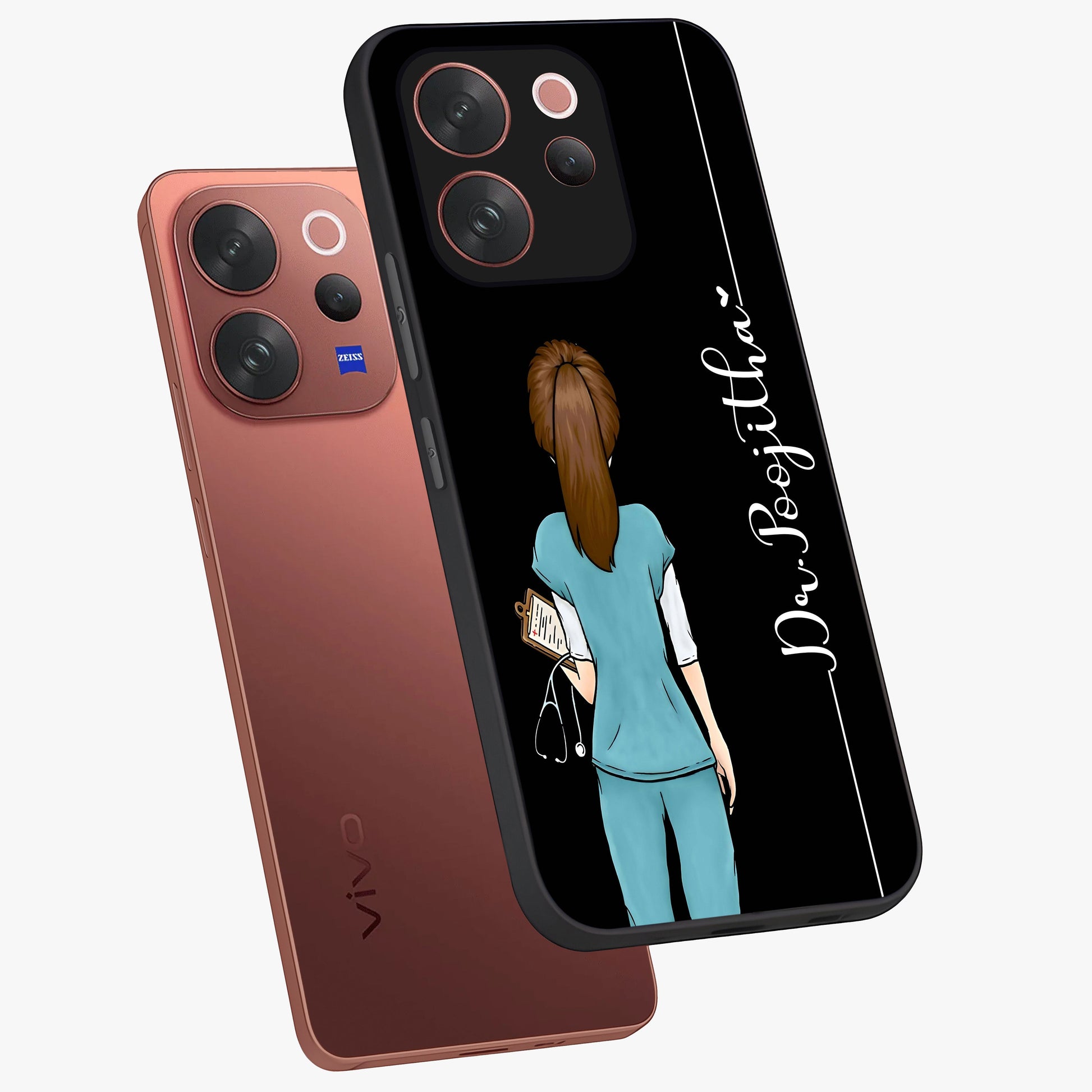 Doctor Pattern Custom Name Glass Case displayed in angled mockup highlighting doctor inspired artwork with custom name feature.