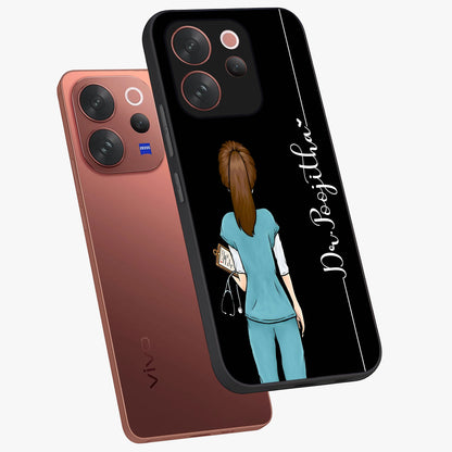 Doctor Pattern Custom Name Glass Case displayed in angled mockup highlighting doctor inspired artwork with custom name feature.