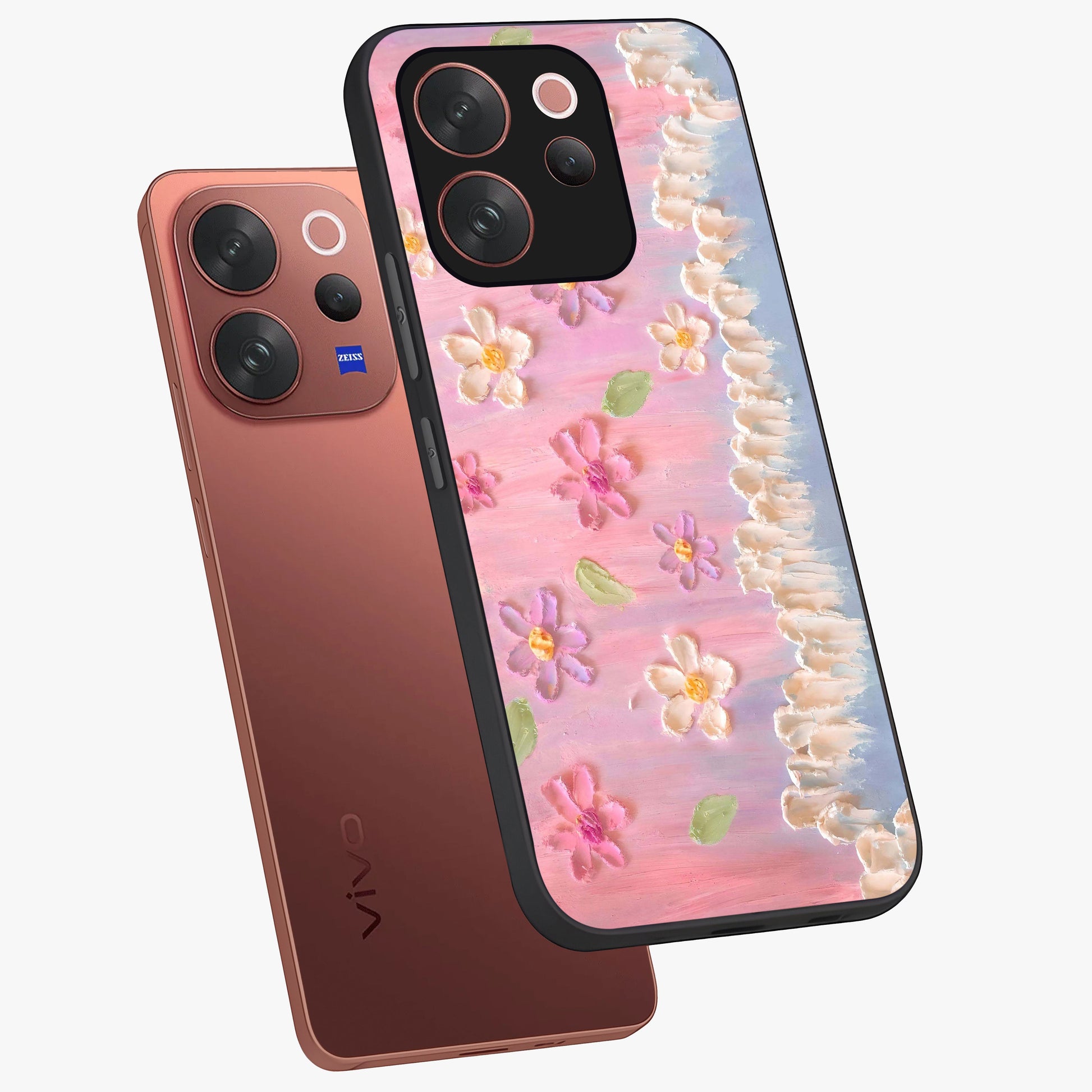 Dreamy Painted Garden Glass Case displayed in angled mockup highlighting colorful garden illustration with dreamy aesthetic style.