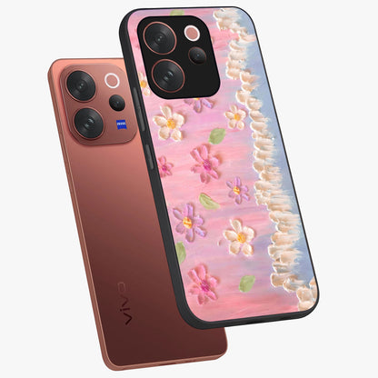 Dreamy Painted Garden Glass Case displayed in angled mockup highlighting colorful garden illustration with dreamy aesthetic style.
