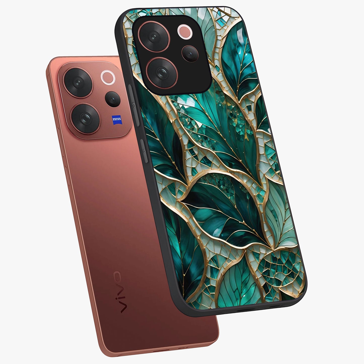 Emerald Leaf Glass Glass Case displayed in angled mockup highlighting botanical leaf illustration with elegant natural aesthetic.
