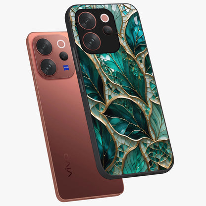Emerald Leaf Glass Glass Case displayed in angled mockup highlighting botanical leaf illustration with elegant natural aesthetic.