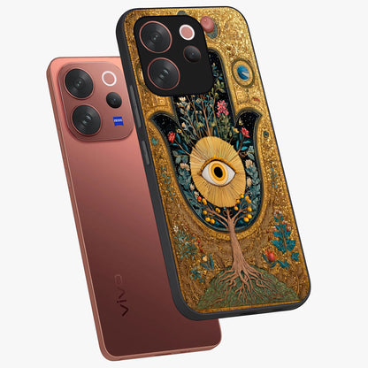 Ethereal Evil Eye Glass Case displayed in angled mockup highlighting protective evil eye symbol with spiritual aesthetic design.