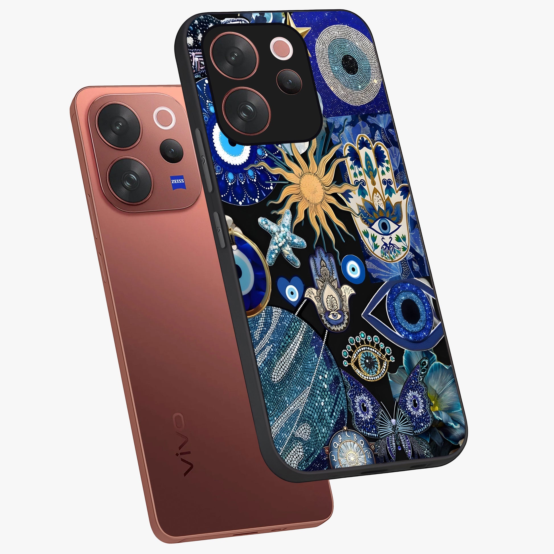 Evil Eye Charm Mix Glass Case displayed in angled mockup highlighting protective evil eye symbols with spiritual aesthetic design.