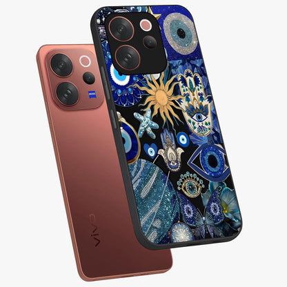 Evil Eye Charm Mix Glass Case displayed in angled mockup highlighting protective evil eye symbols with spiritual aesthetic design.