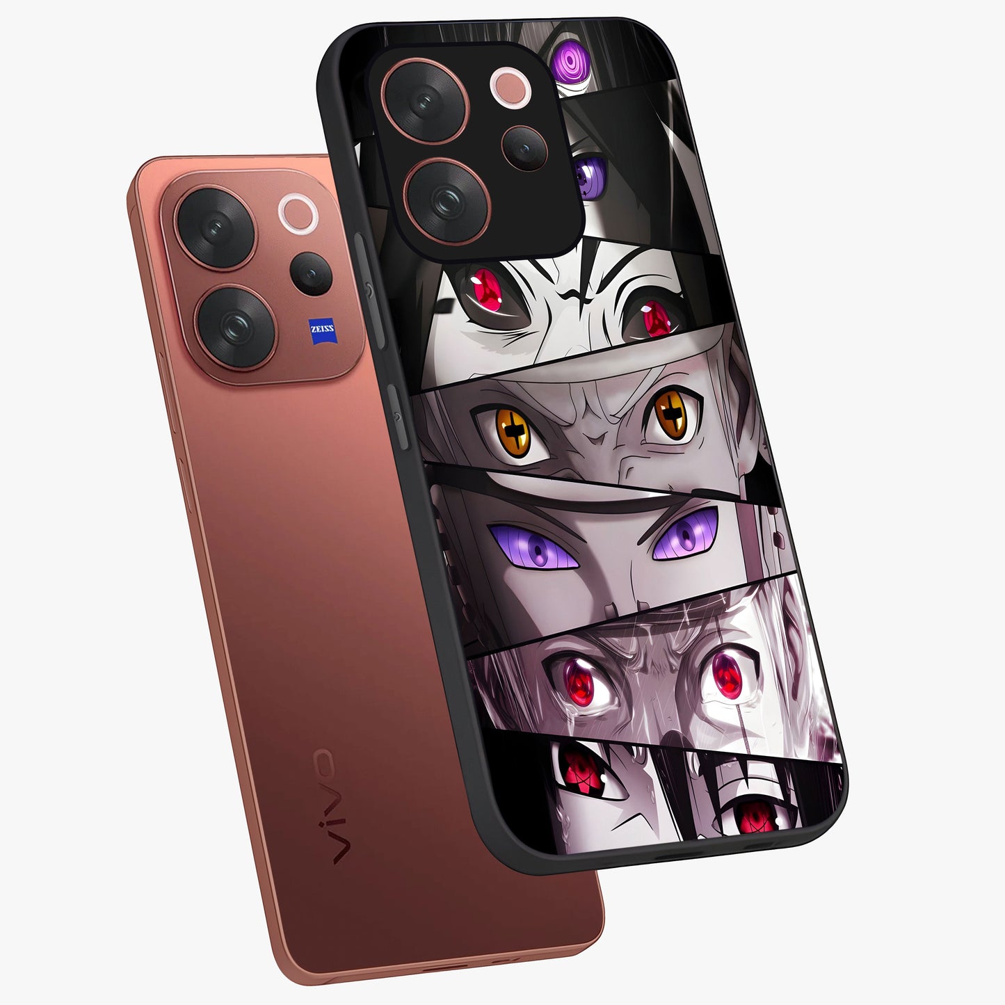 Eyes of Destiny Glass Case displayed in angled mockup highlighting bold eye illustration with mystical aesthetic style.