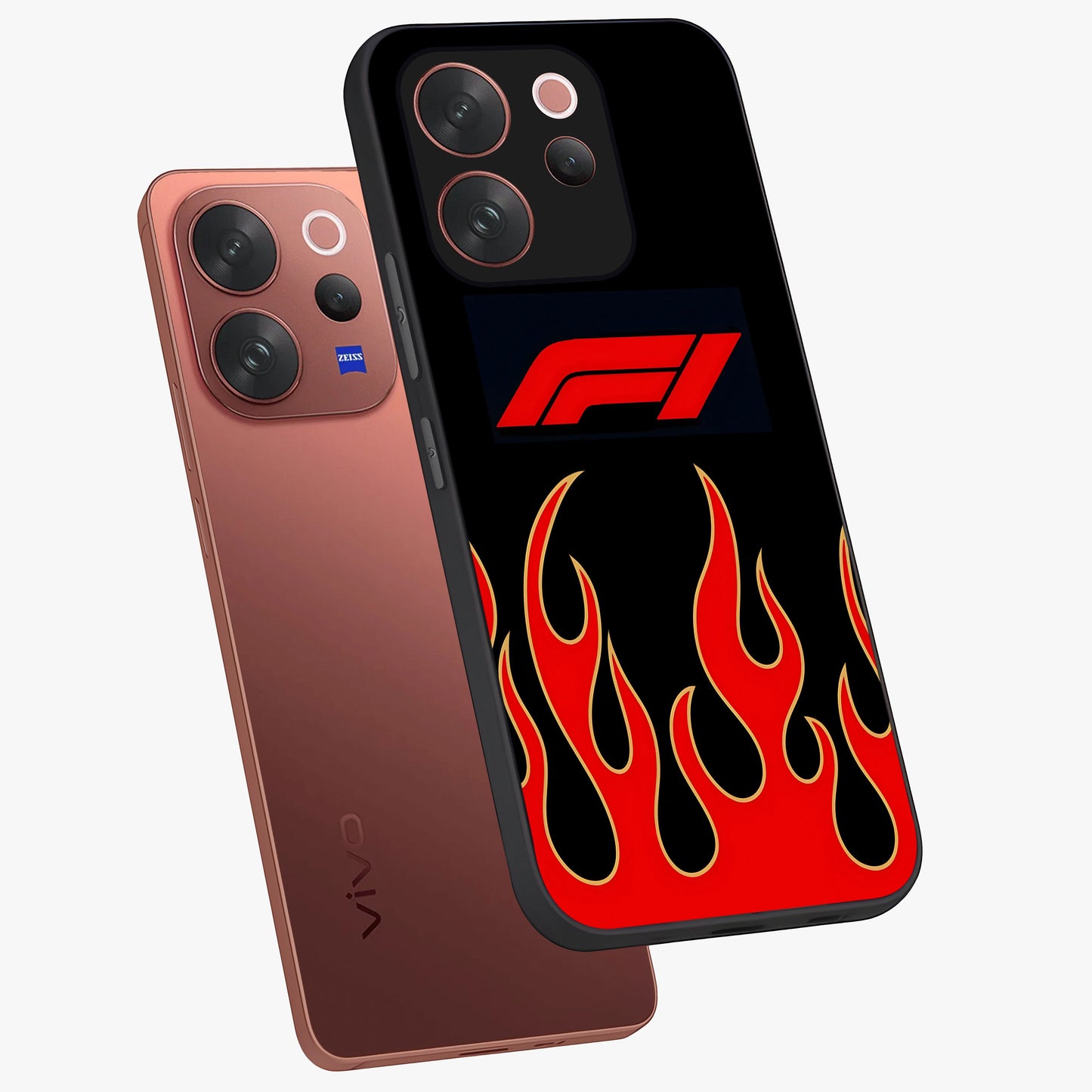 Fire F11 Glass Case displayed in angled mockup highlighting bold fire inspired graphic with energetic aesthetic style.
