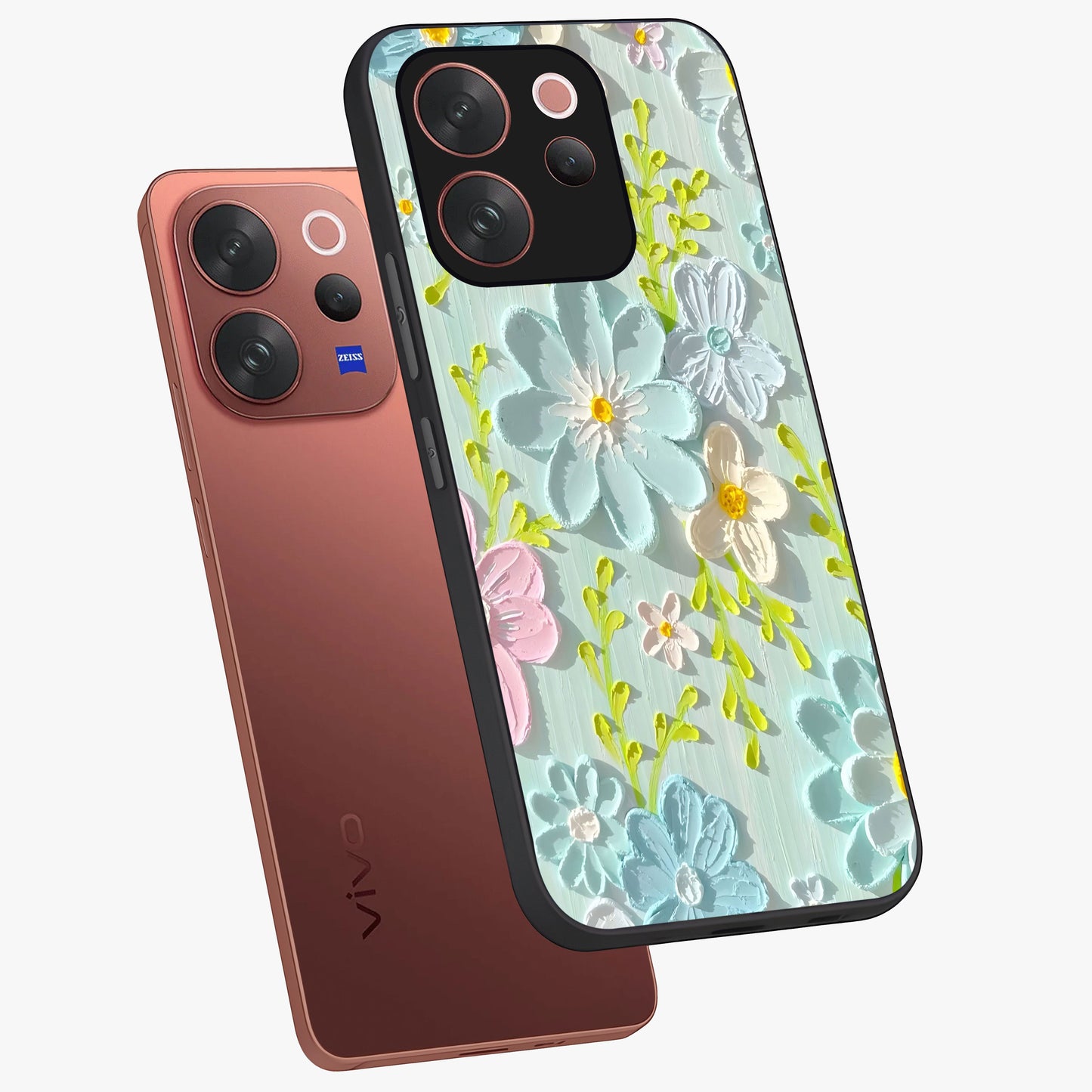 Frosted Petal Garden Glass Case displayed in angled mockup highlighting delicate flower petal design with calm garden aesthetic.