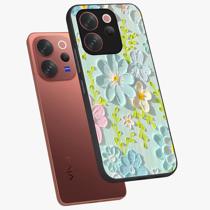 Frosted Petal Garden Glass Case displayed in angled mockup highlighting delicate flower petal design with calm garden aesthetic.