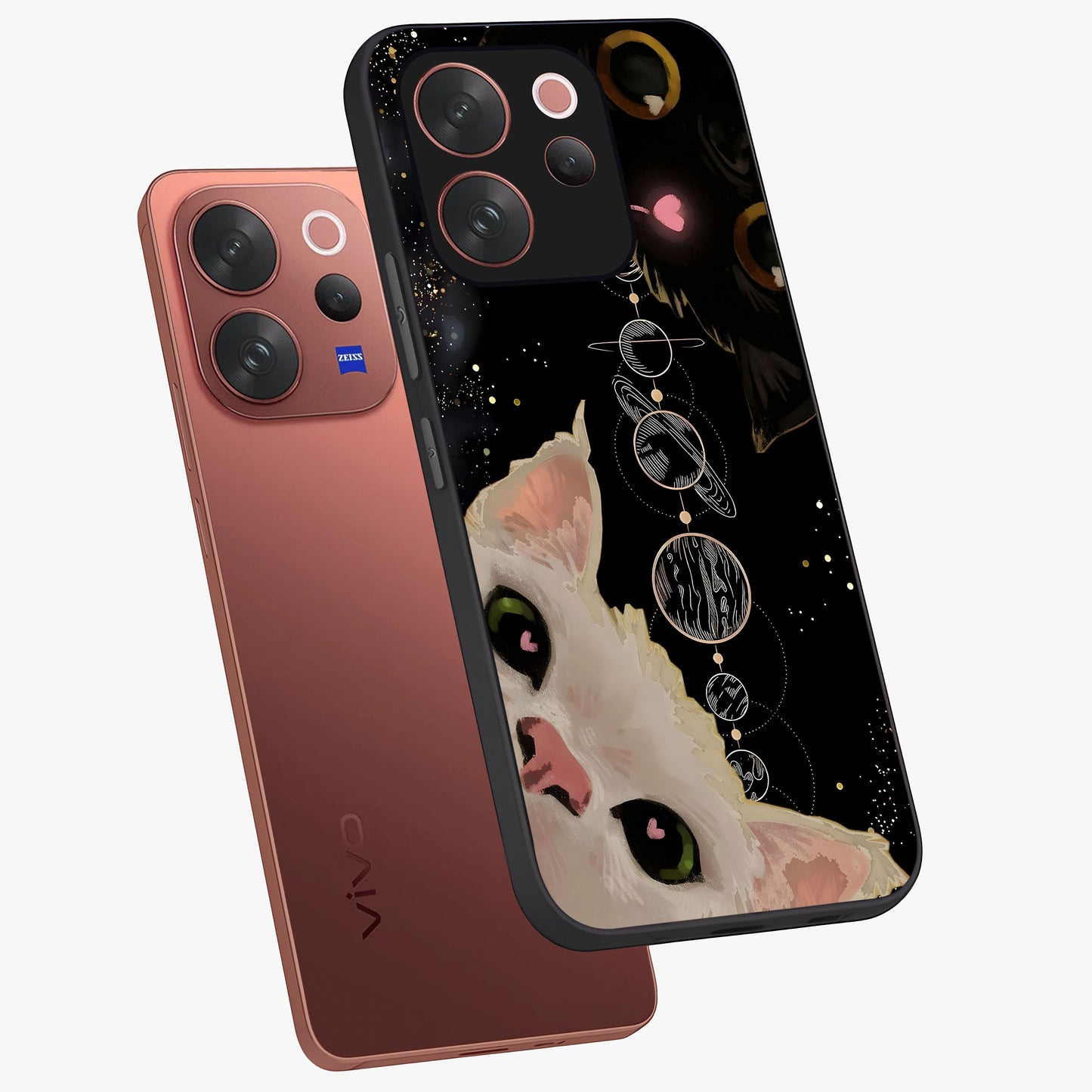 Galactic Cat Glass Case displayed in angled mockup highlighting celestial feline illustration with galaxy aesthetic style.