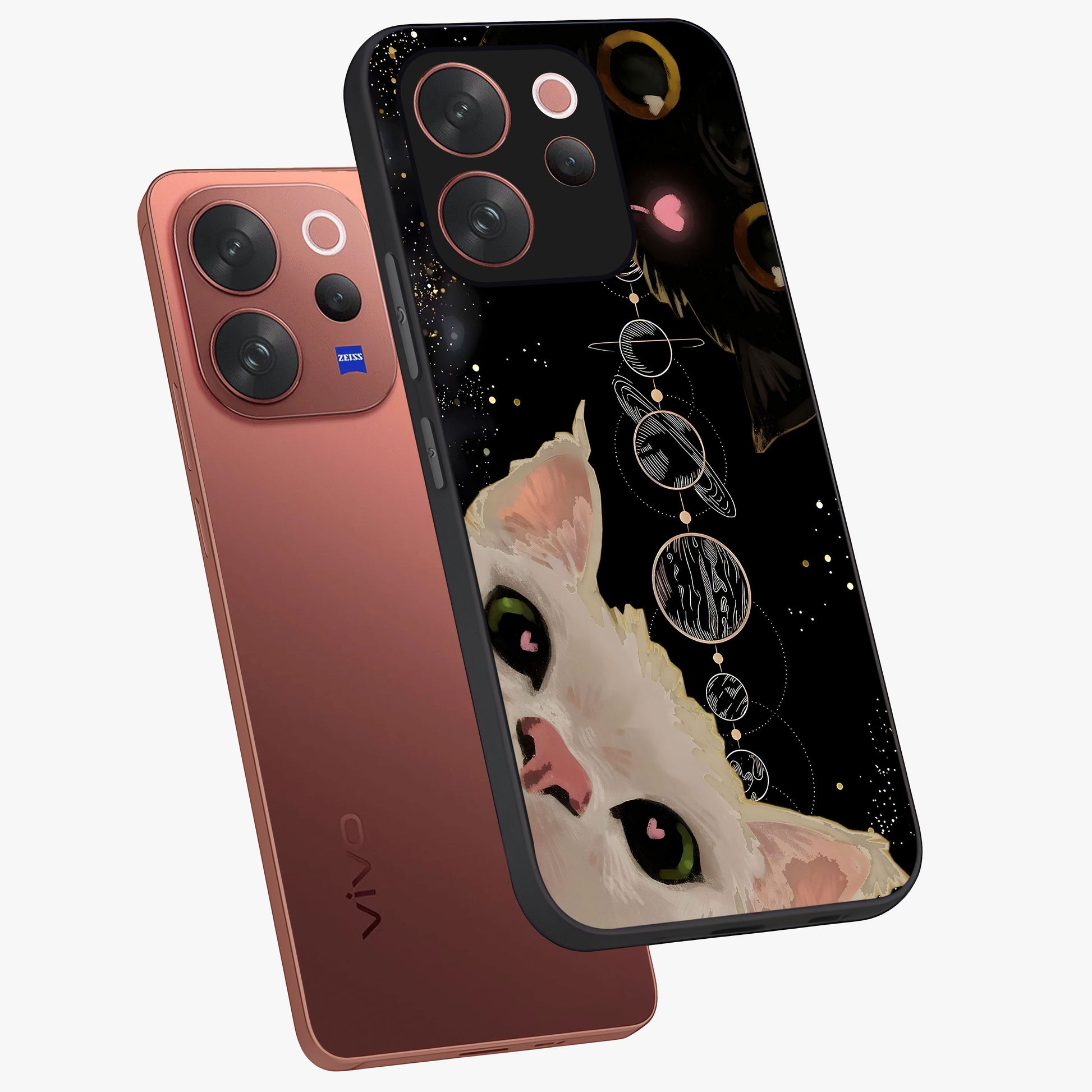 Galactic Cat Glass Case displayed in angled mockup highlighting celestial feline illustration with galaxy aesthetic style.