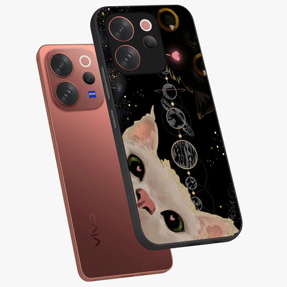 Galactic Cat Glass Case displayed in angled mockup highlighting celestial feline illustration with galaxy aesthetic style.