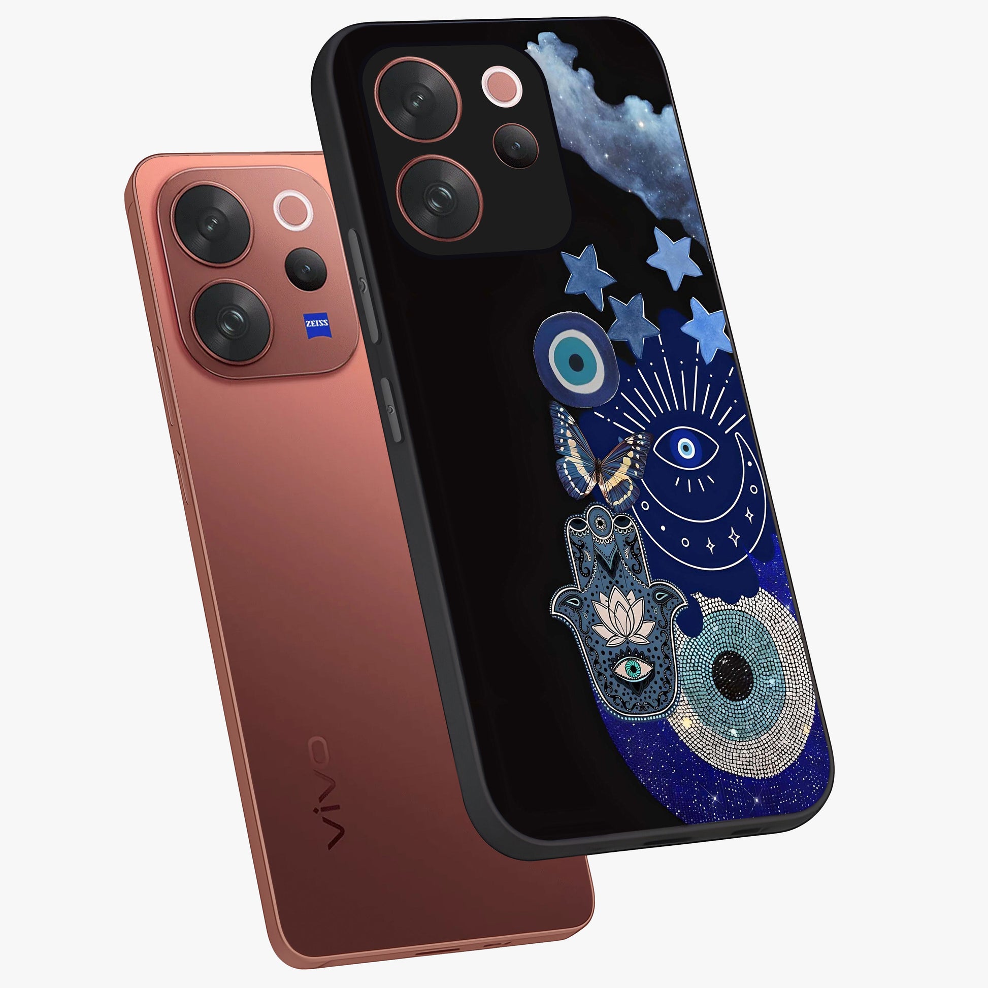 Galactic Charm Cluster Glass Case displayed in angled mockup highlighting luminous galaxy inspired design with dreamy aesthetic.