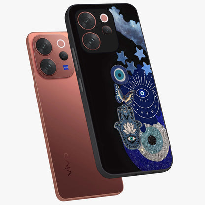 Galactic Charm Cluster Glass Case displayed in angled mockup highlighting luminous galaxy inspired design with dreamy aesthetic.