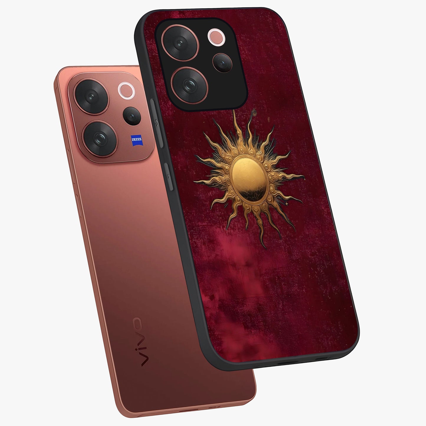 Golden Sun Minimalism Glass Case displayed in angled mockup highlighting clean sun symbol design with modern minimal aesthetic.