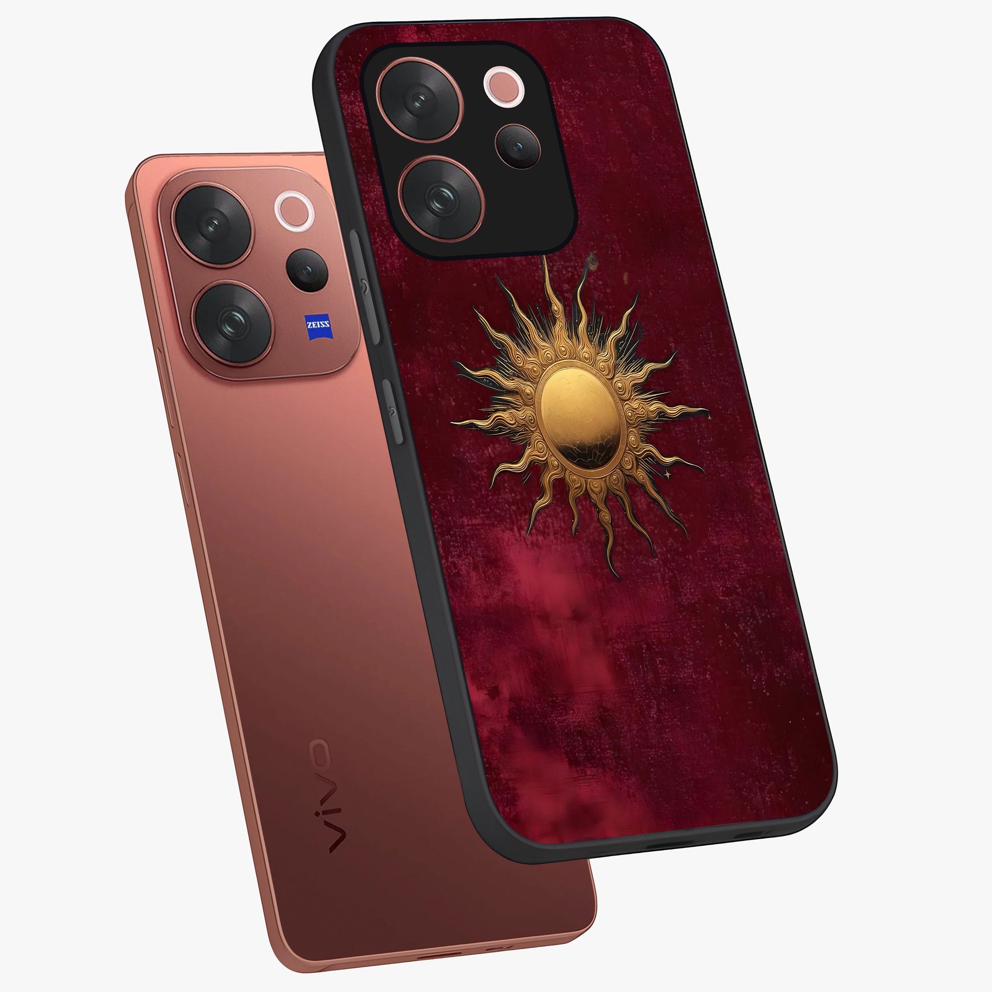 Golden Sun Minimalism Glass Case displayed in angled mockup highlighting clean sun symbol design with modern minimal aesthetic.