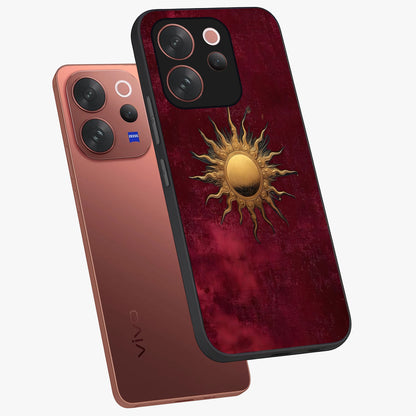 Golden Sun Minimalism Glass Case displayed in angled mockup highlighting clean sun symbol design with modern minimal aesthetic.