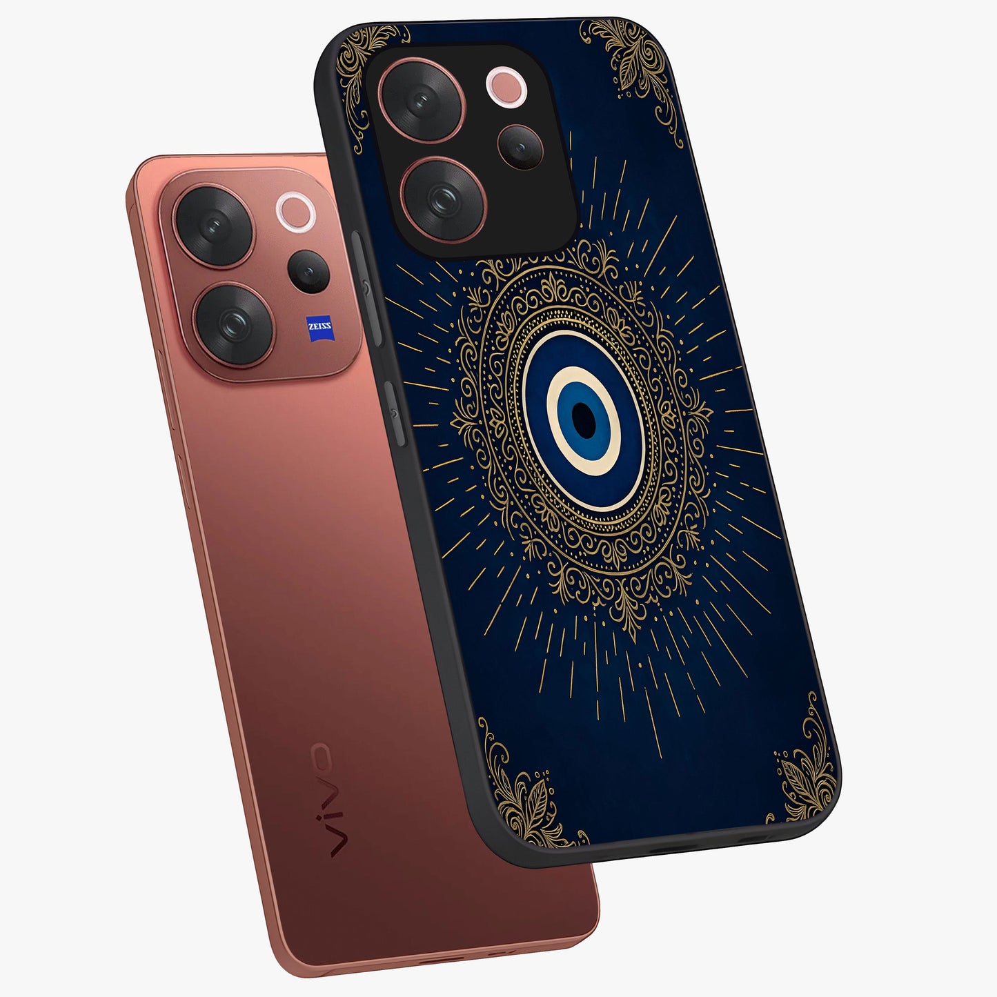 Golden Celestial Charm Glass Case displayed in angled mockup highlighting sparkling cosmic charm design with celestial aesthetic.