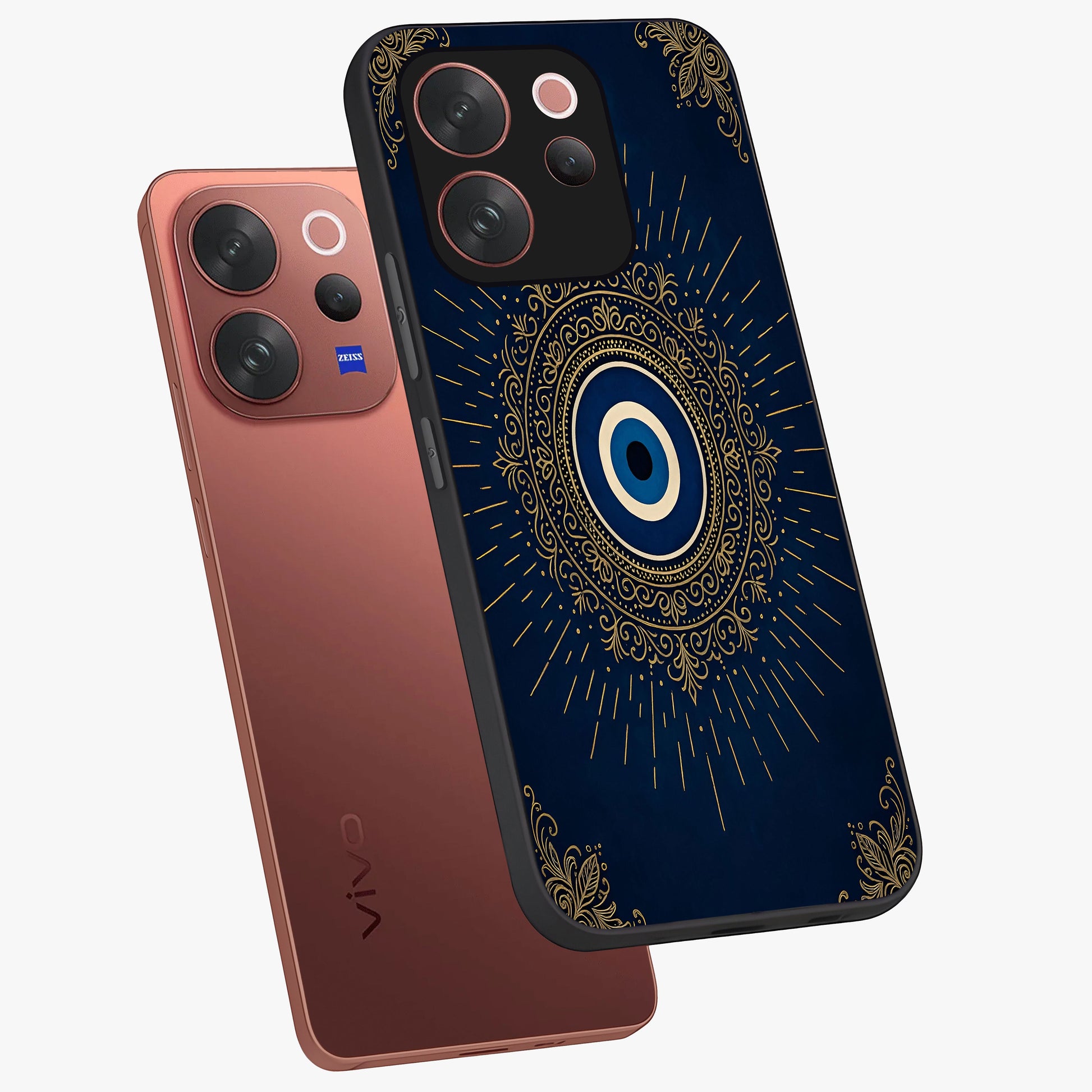 Golden Celestial Charm Glass Case displayed in angled mockup highlighting sparkling cosmic charm design with celestial aesthetic.