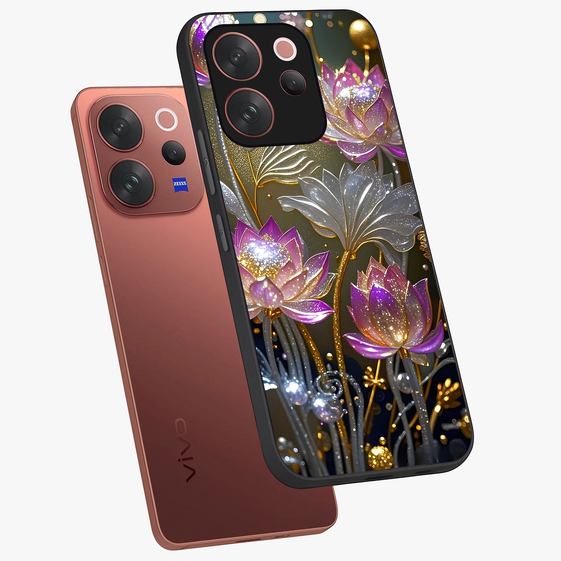 Golden Floral Majesty Glass Case displayed in angled mockup highlighting elegant flower design with royal golden aesthetic.