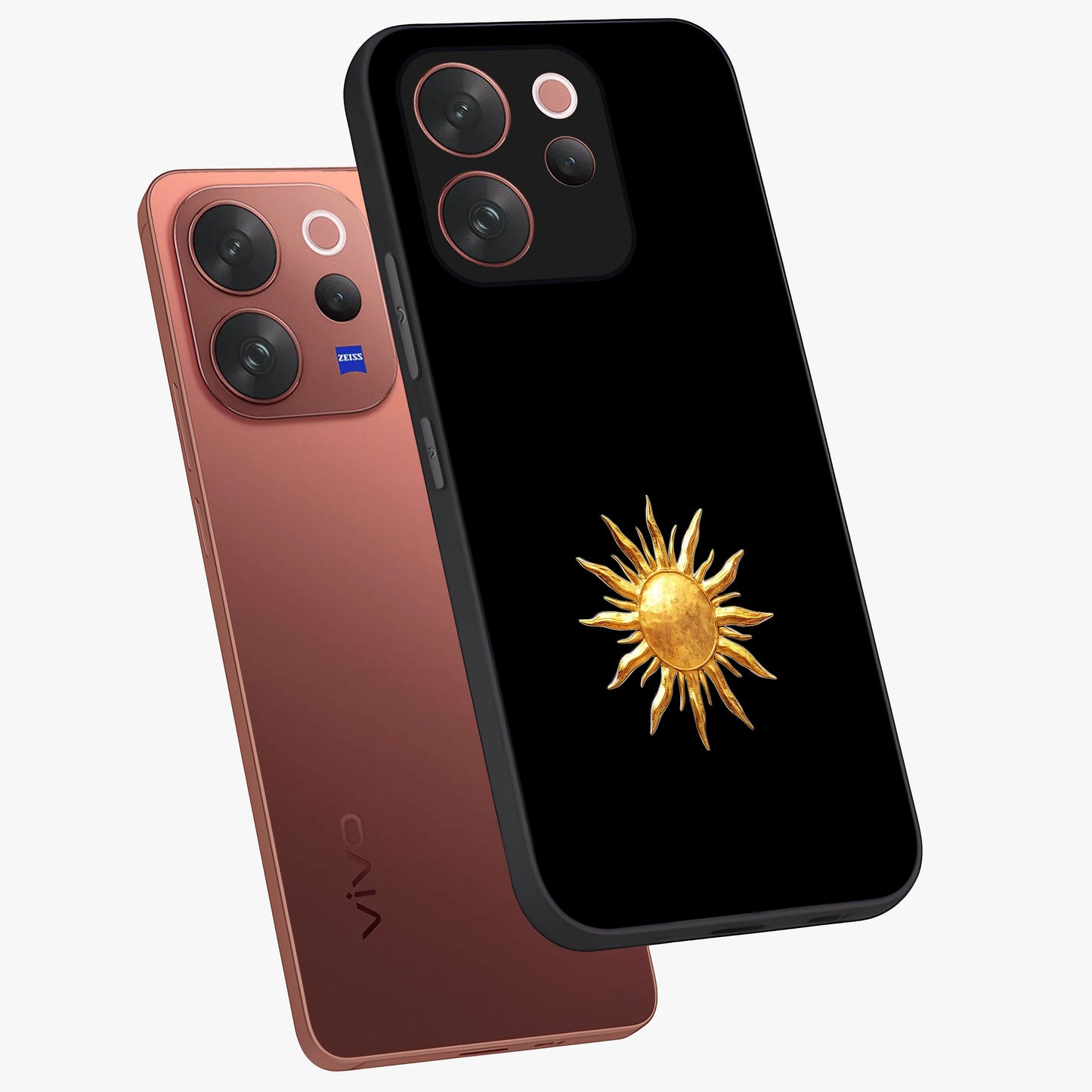 Golden Sun Minimalism Glass Case displayed in angled mockup highlighting eerie shadow illustration with gothic aesthetic.