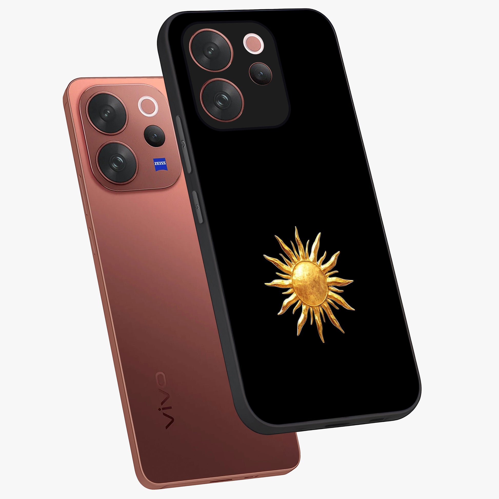 Golden Sun Minimalism Glass Case displayed in angled mockup highlighting eerie shadow illustration with gothic aesthetic.