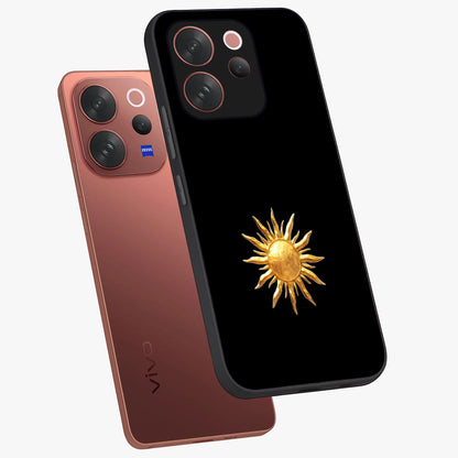 Golden Sun Minimalism Glass Case displayed in angled mockup highlighting eerie shadow illustration with gothic aesthetic.