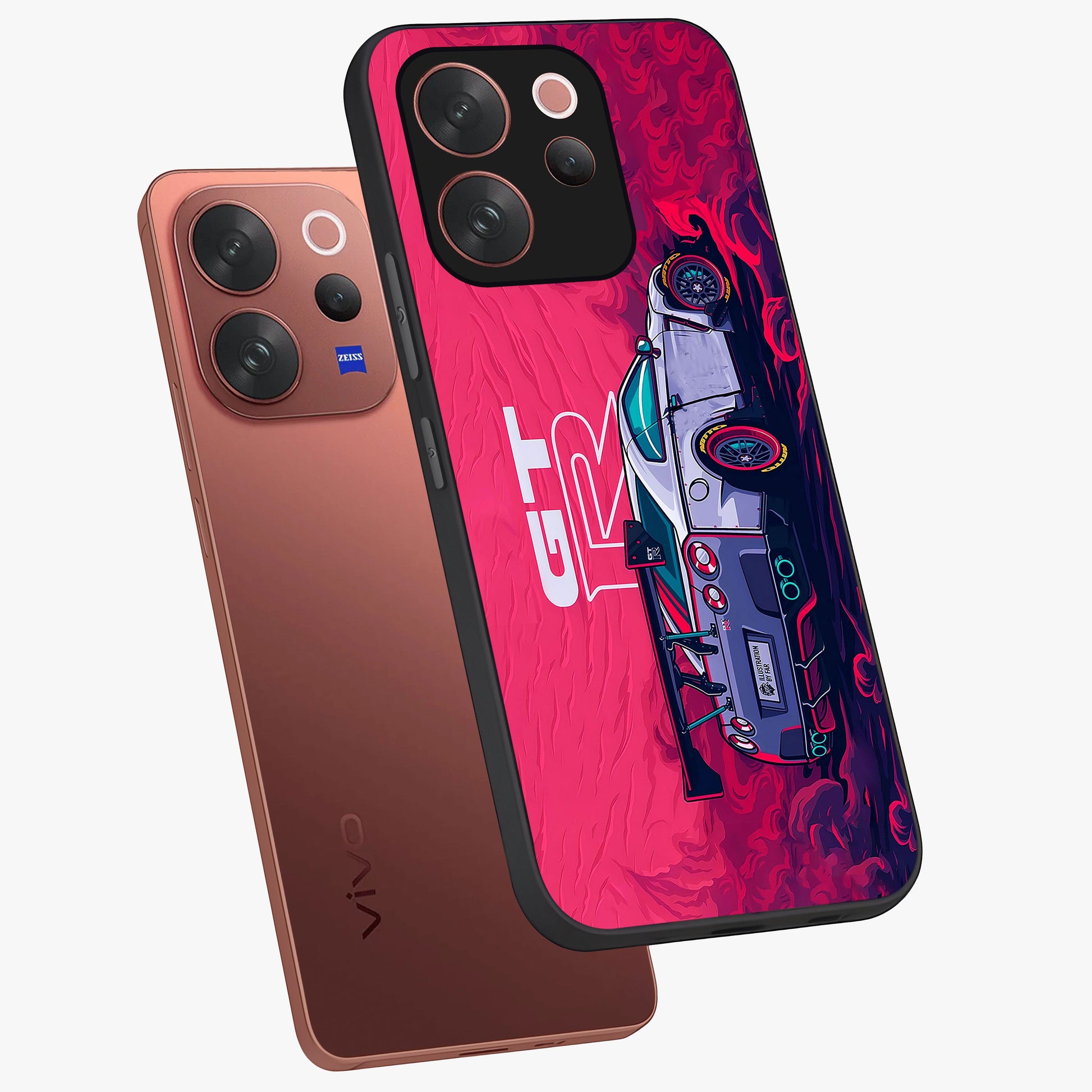 GT-R Car Pattern Glass Case displayed in angled mockup highlighting racing car graphic design with bold automotive aesthetic.