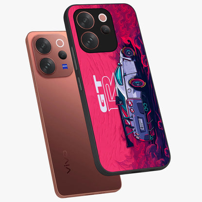 GT-R Car Pattern Glass Case displayed in angled mockup highlighting racing car graphic design with bold automotive aesthetic.