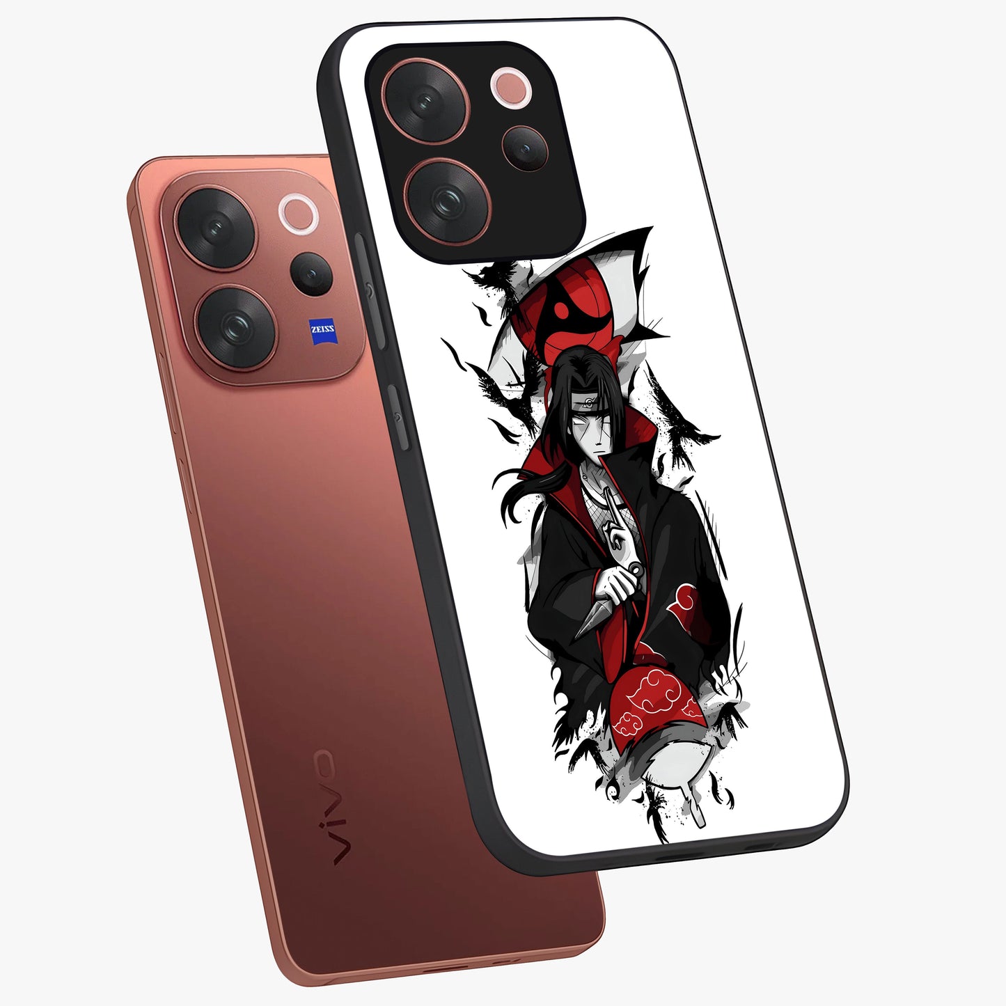 Itachi Limited Edition Naruto Anime Glass Case displayed in angled mockup highlighting dramatic anime illustration with bold action aesthetic.