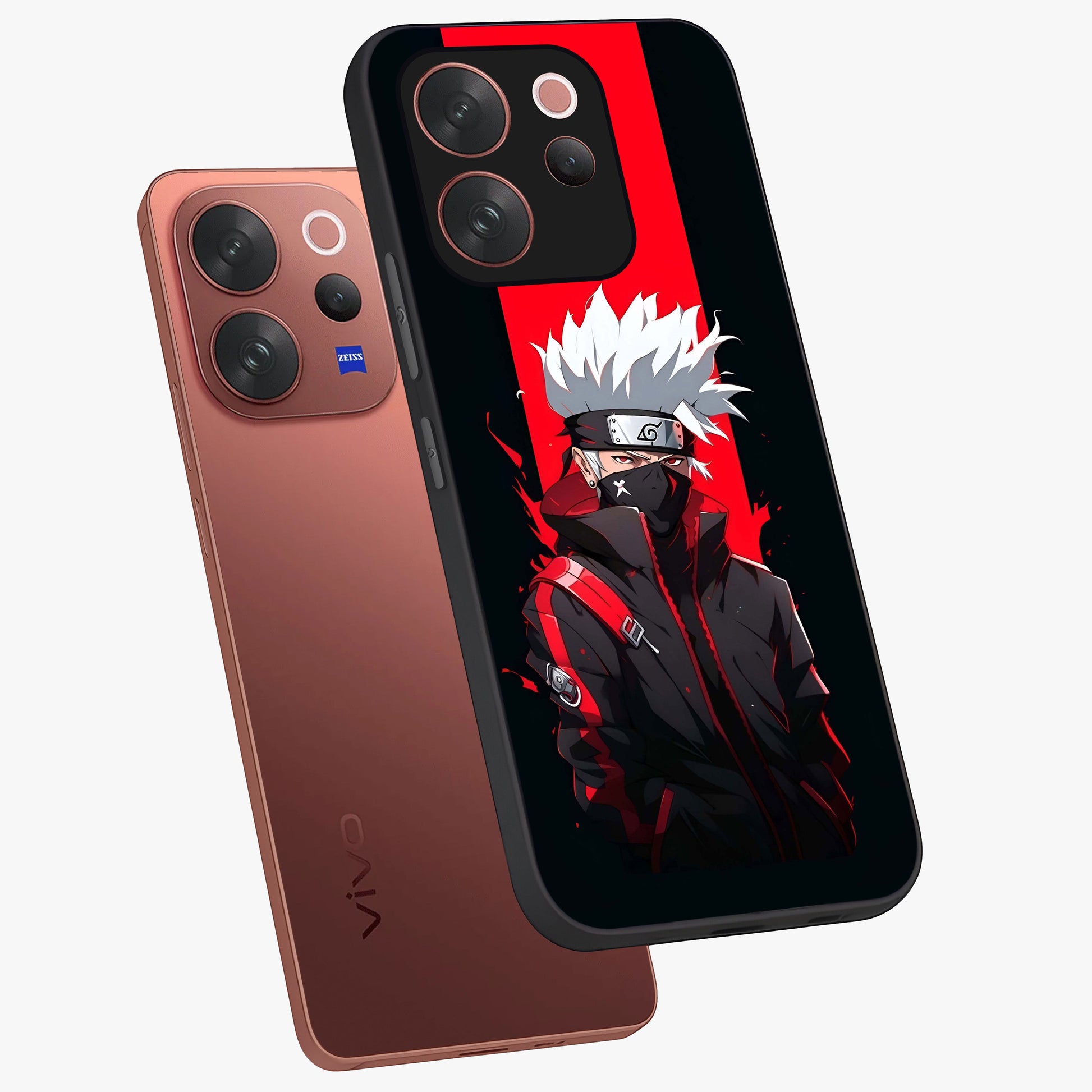 Kakashi Scarlet Shadow Glass Case displayed in angled mockup highlighting dramatic ninja illustration with scarlet themed aesthetic.