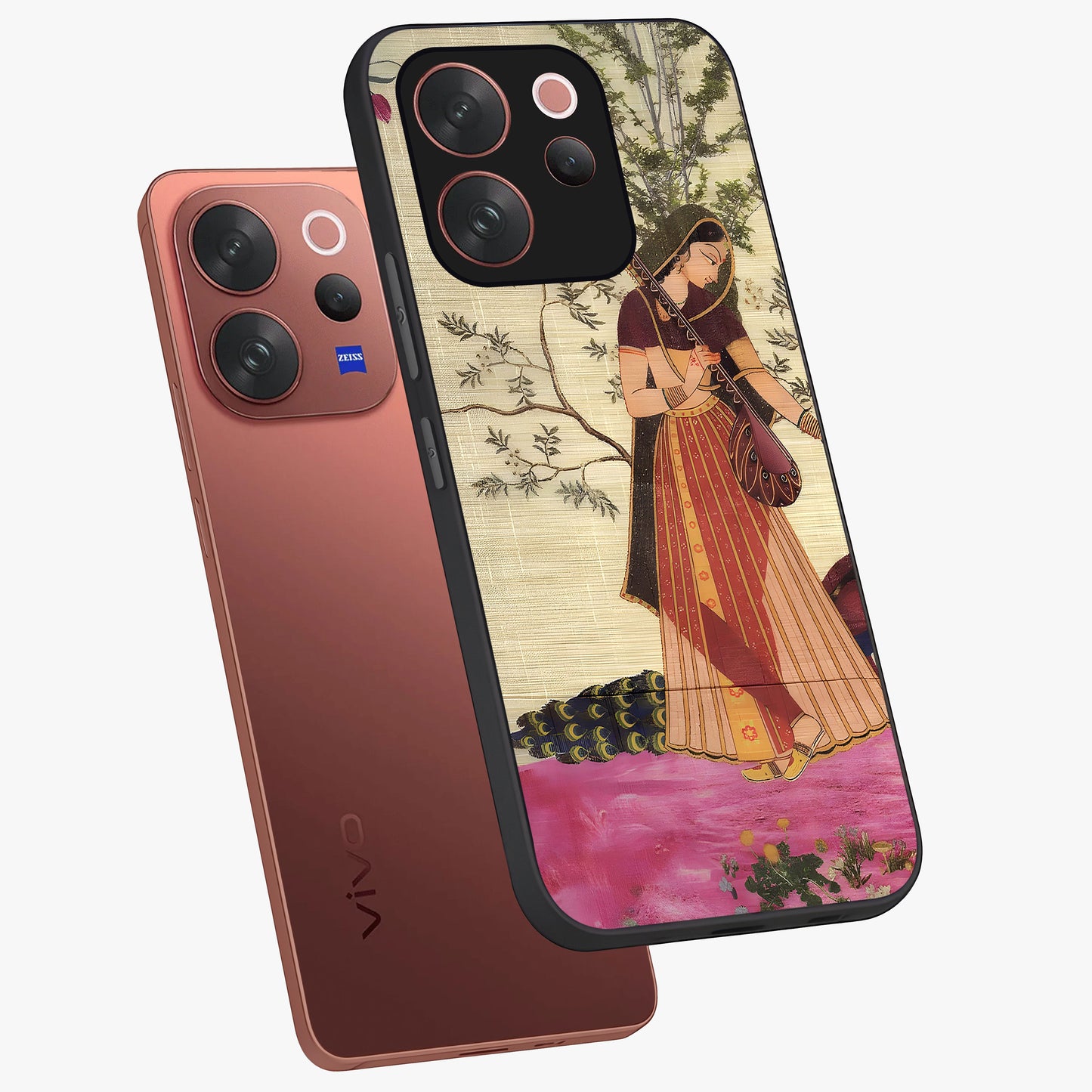 Lady With Veena Art Glass Case displayed in angled mockup highlighting graceful musical illustration with cultural artistic aesthetic.