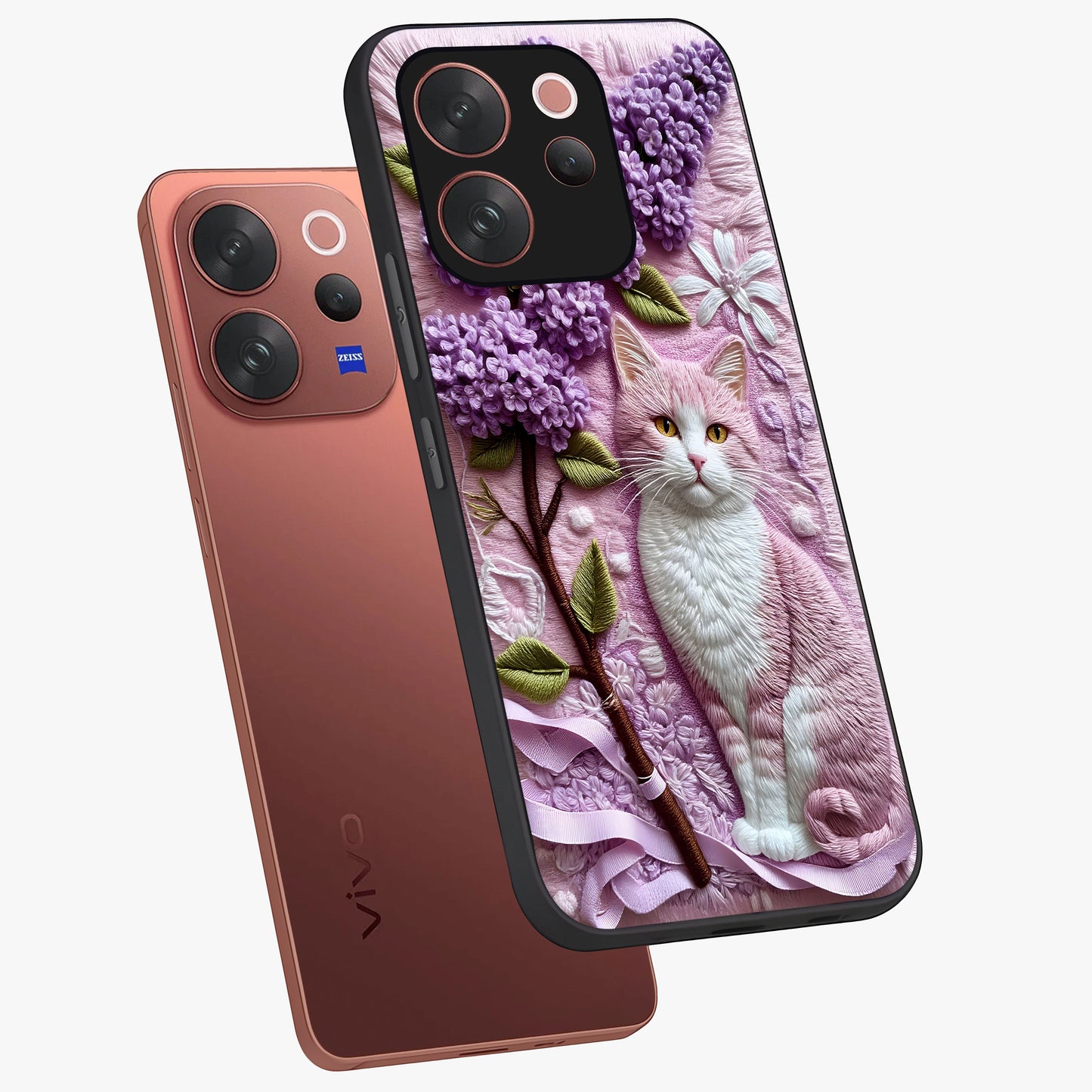 Lavender Cat Whimsy Glass Case displayed in angled mockup highlighting playful feline illustration with pastel lavender aesthetic.