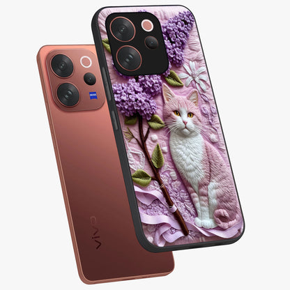 Lavender Cat Whimsy Glass Case displayed in angled mockup highlighting playful feline illustration with pastel lavender aesthetic.