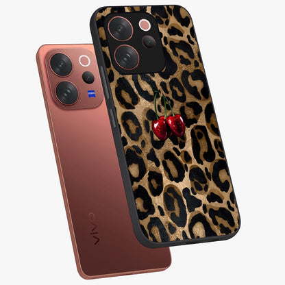 Leopard Wild Cherry Glass Case displayed in angled mockup highlighting bold animal print design with playful cherry aesthetic.