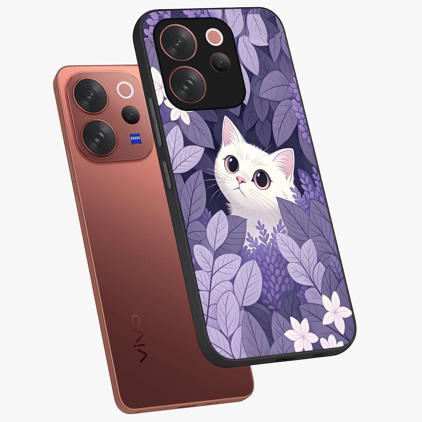 Lilac Hide Peek Cat Glass Case displayed in angled mockup highlighting playful feline illustration with lilac aesthetic design.