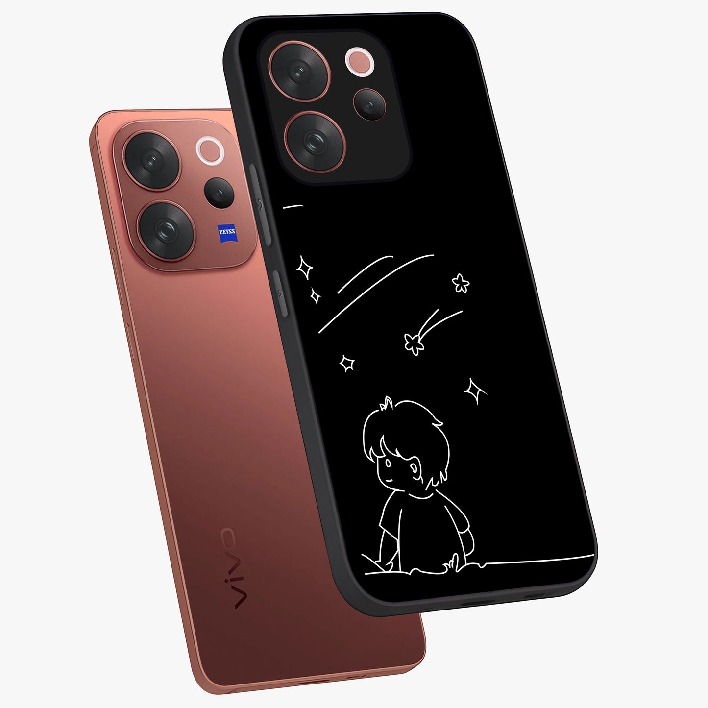 Line Art Boy With Shooting Stars Glass Case displayed in angled mockup highlighting elegant line art design with dreamy star aesthetic.