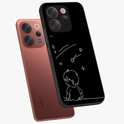 Line Art Boy With Shooting Stars Glass Case displayed in angled mockup highlighting elegant line art design with dreamy star aesthetic.